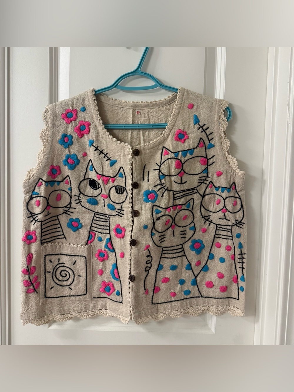 Rare Only one Beige FullyEmbroidered Cat Muscle Tee Vest with Pink & Blue Accent